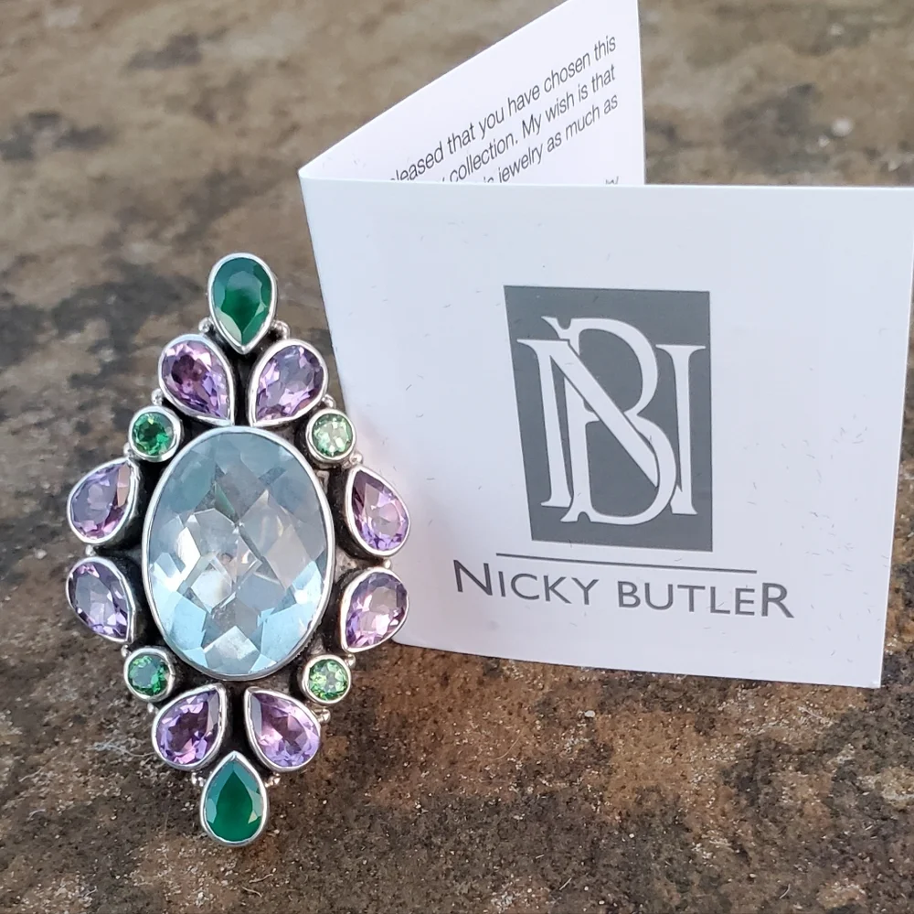 Nicky Butler Aqua Quartz Amethyst Chalcedony 925 Sterling Silver Size 10.5 Ring